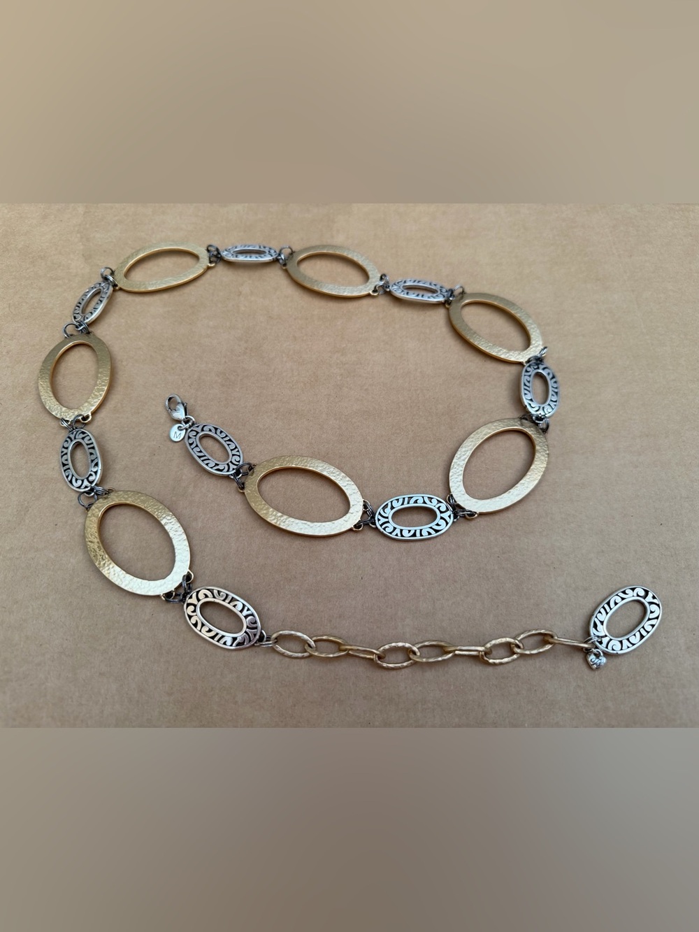 Vintage 1990s Two Tone Gold Silver Oval Link Statement Necklace 38.5” Long